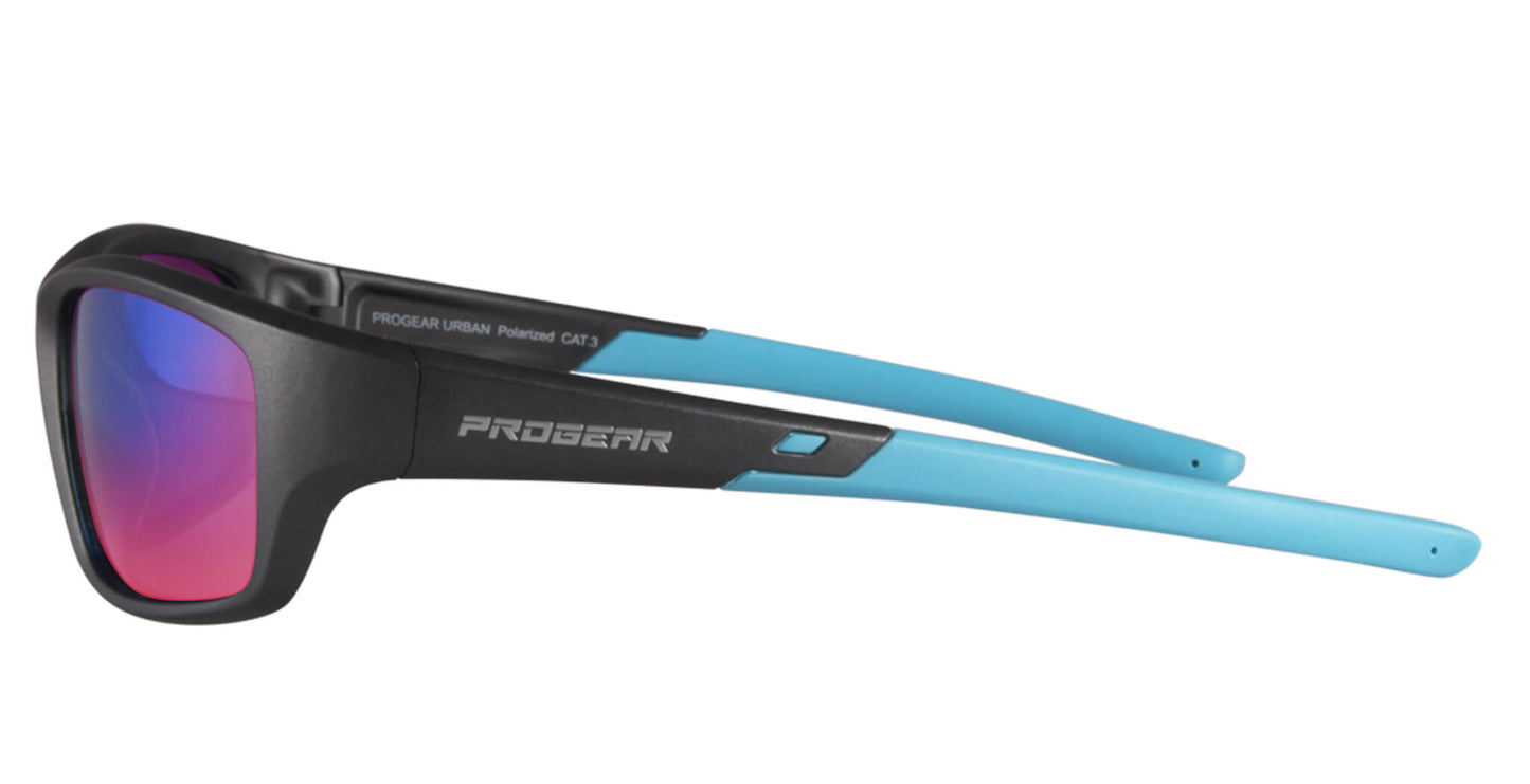 Side view of PROGEARĀ® U-1513 sunglasses in black and blue, showcasing lightweight sport wrap frame and flexible SecureGrip arms.