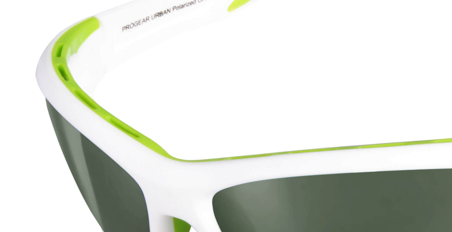 Close-up of PROGEAR® U-1509 white/green sunglasses showing AirVent system and ergonomic frame design for cycling comfort and airflow.