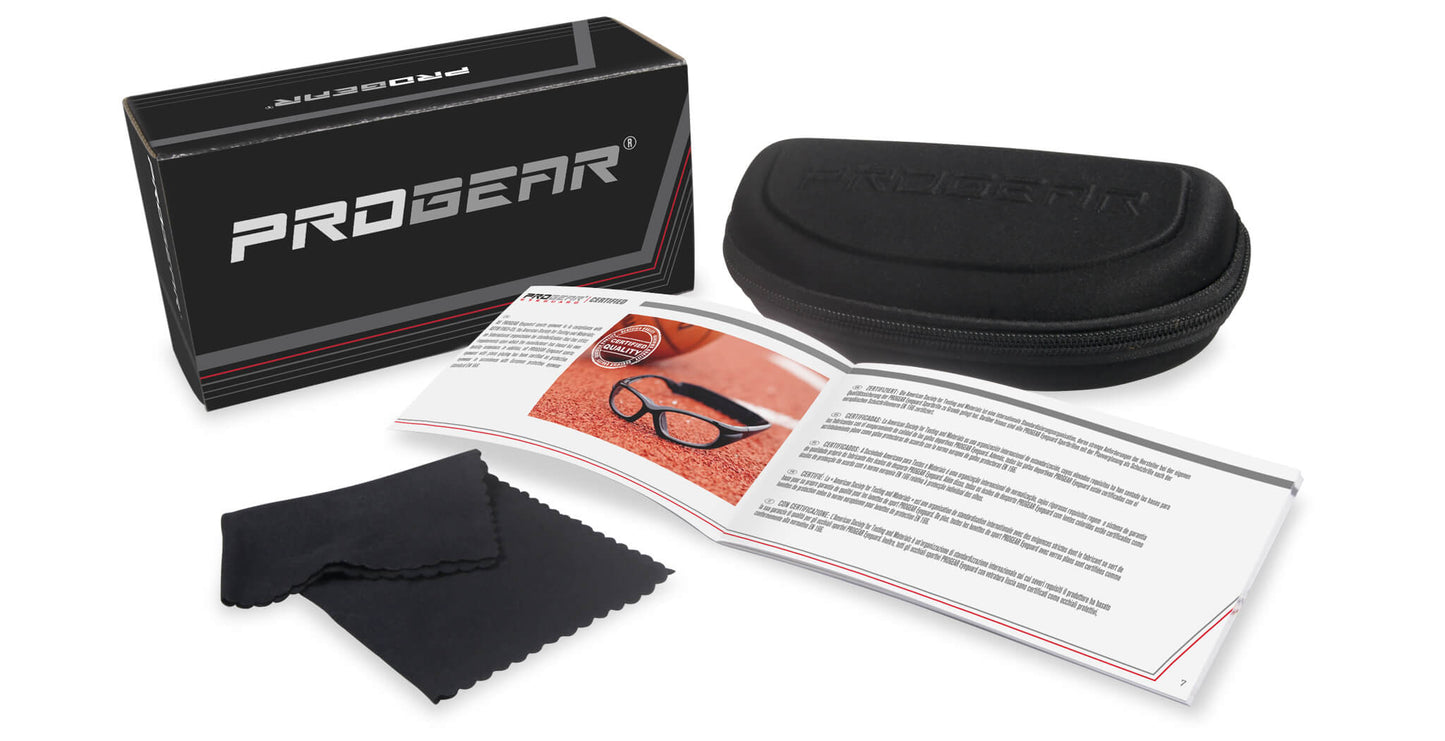 PROGEAR Eyeguard baseball goggles complete package showing branded box protective case cleaning cloth and instruction manual contents