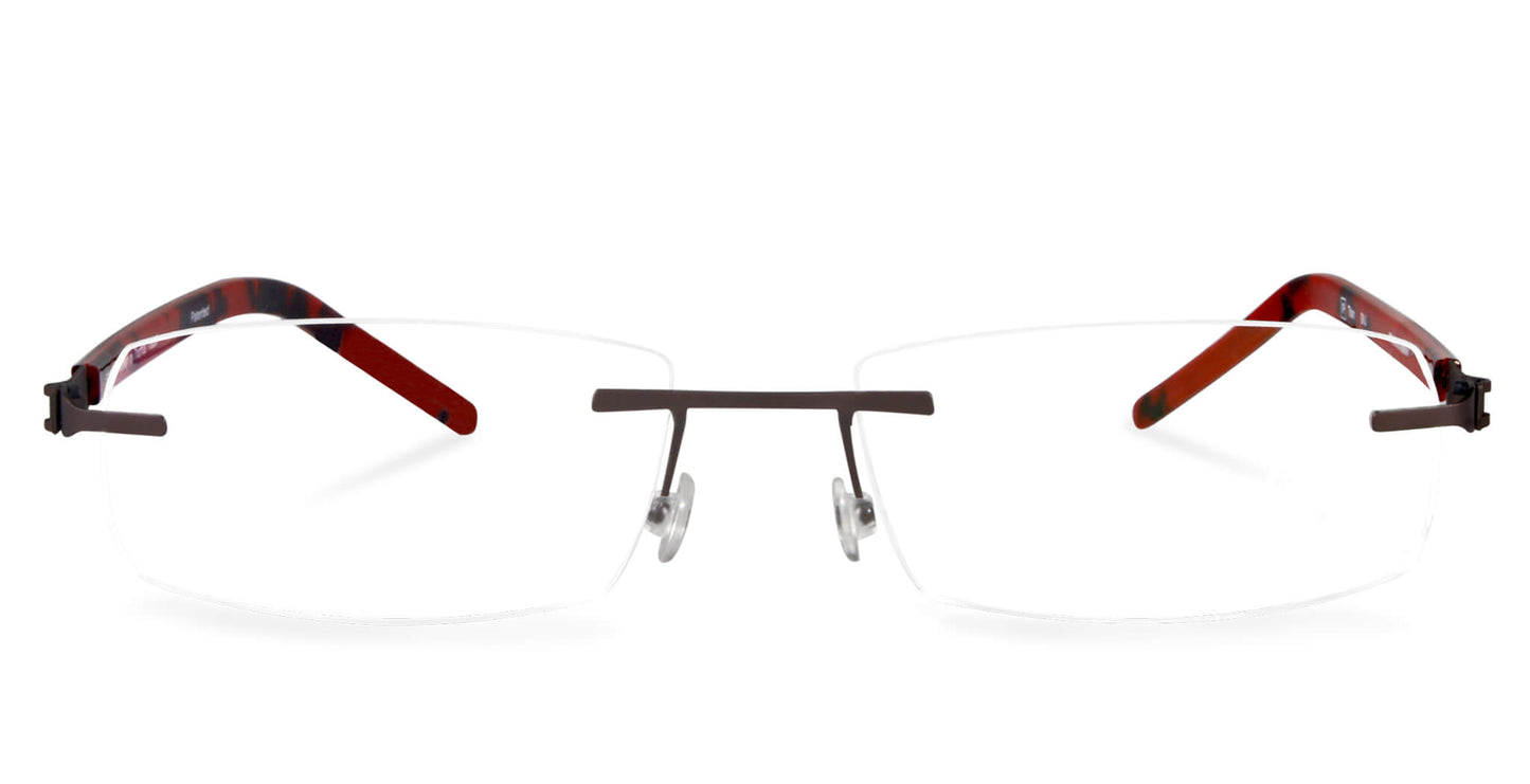 Free Form Eyewear™ FFA965 rimless titanium glasses in green with red temples, featuring ultra-light 14g German design for men and women.