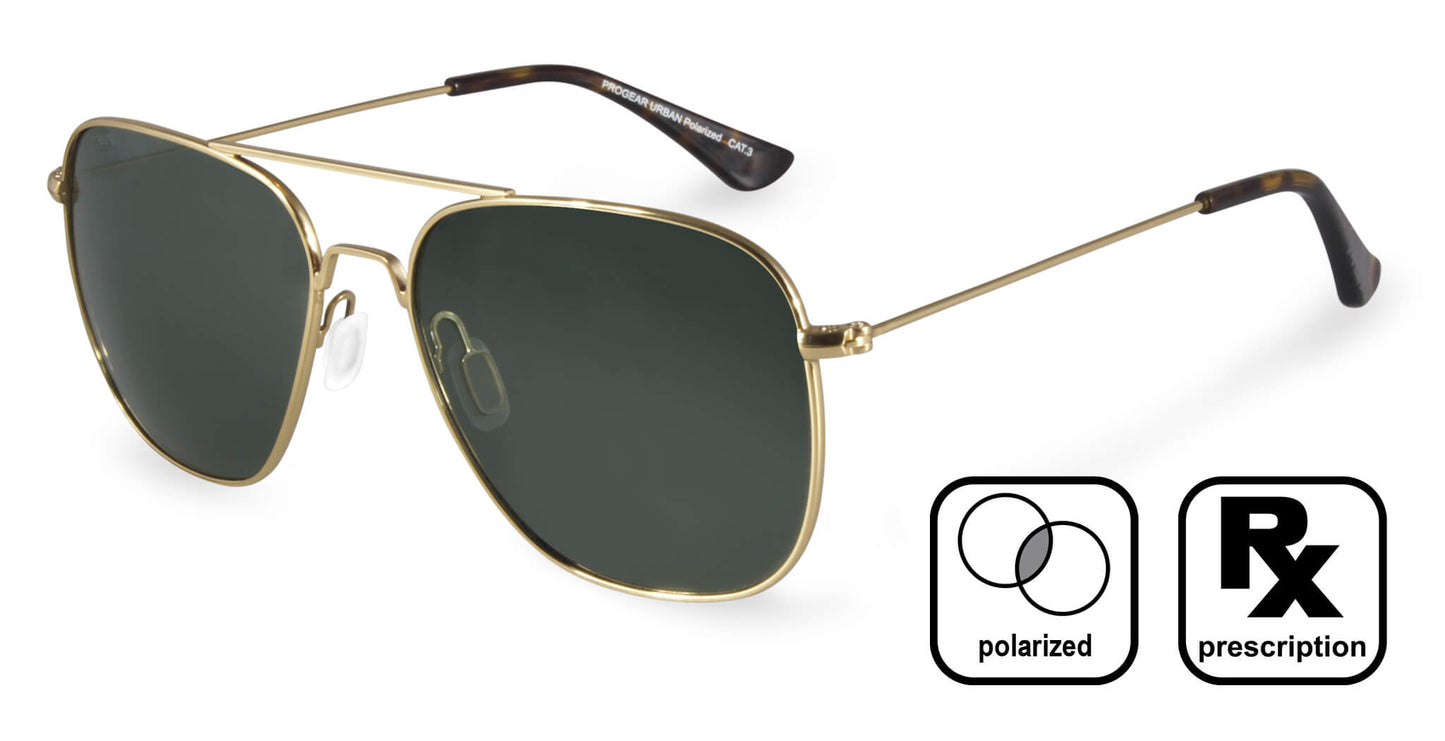 PROGEAR Urban U-1512 prescription sunglasses in gold with polarized dark lenses, ideal for UV protection and strong prescriptions.