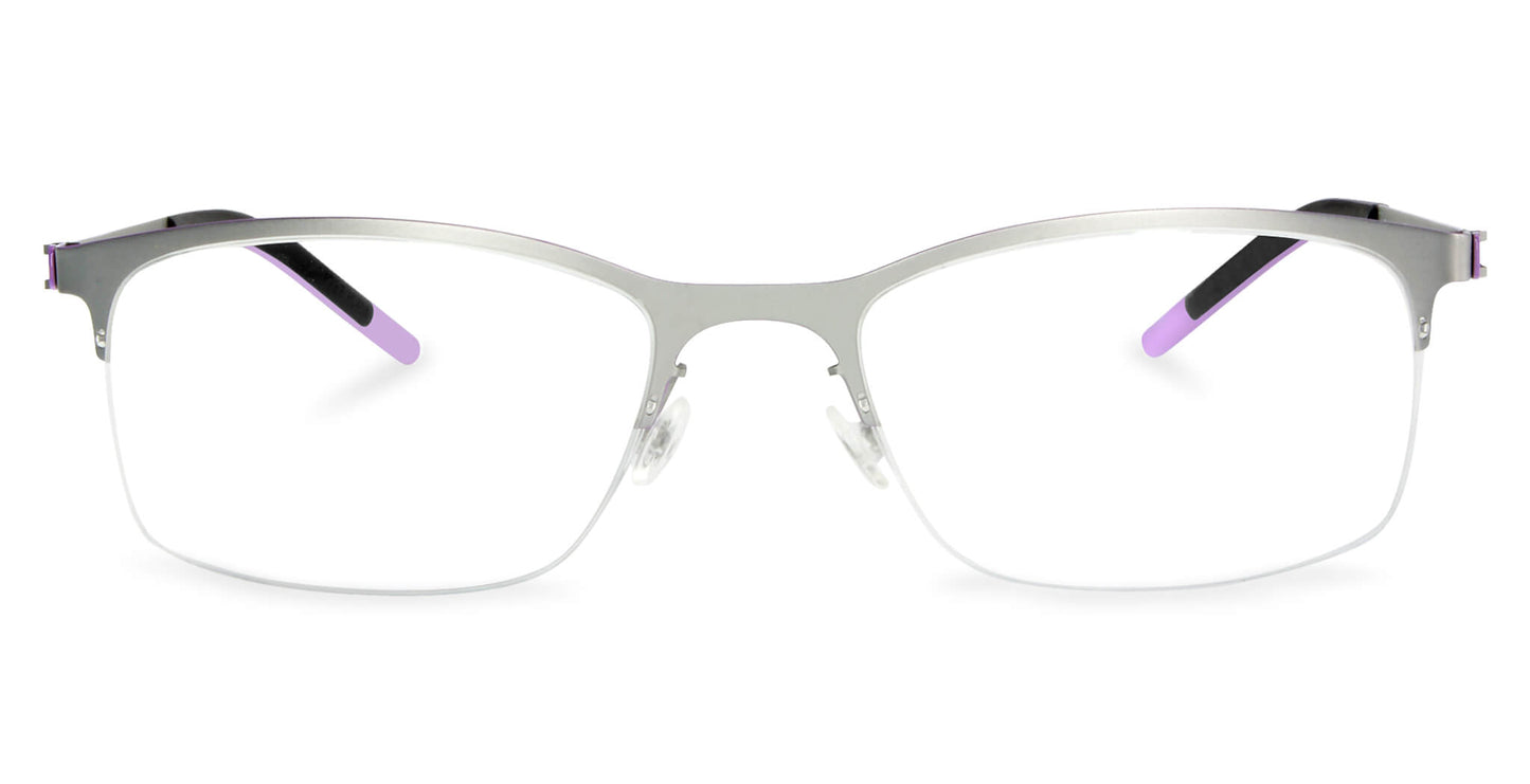 Free Form Eyewear™ Titanium 14g FFA916 half-frame eyeglasses in green with purple temple tips. Lightweight luxury German design for men and women.