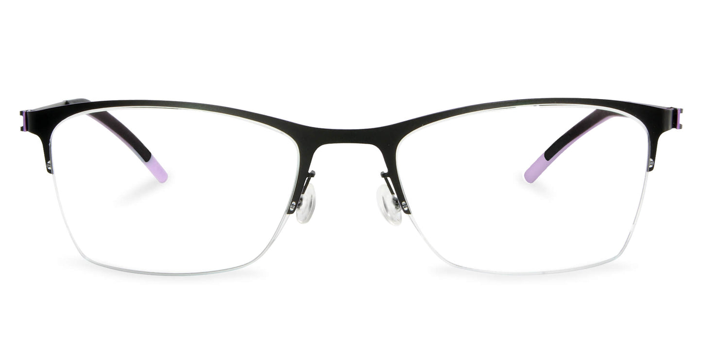 Free Form Eyewear™ FFA917 green half-frame titanium glasses with purple temple tips, 14g lightweight luxury German design for men and women.