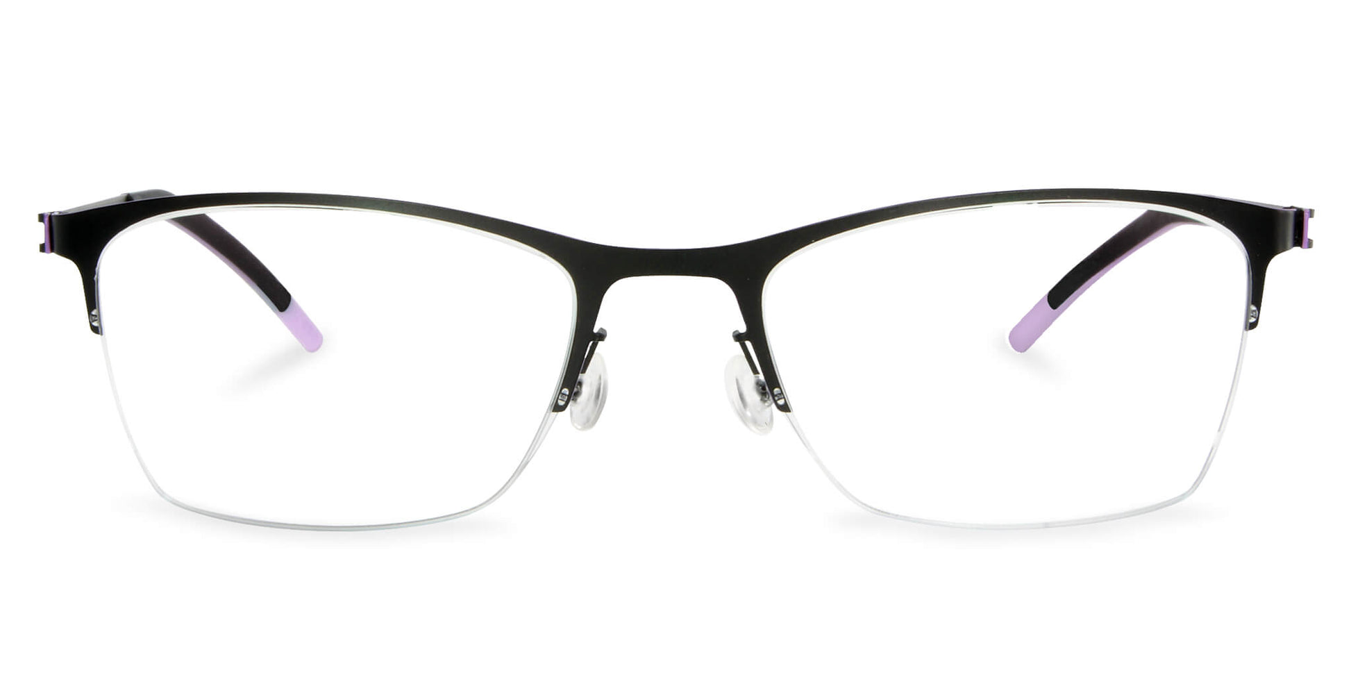 Free Form Eyewear™ FFA917 green half-frame titanium glasses with purple temple tips, 14g lightweight luxury German design for men and women.