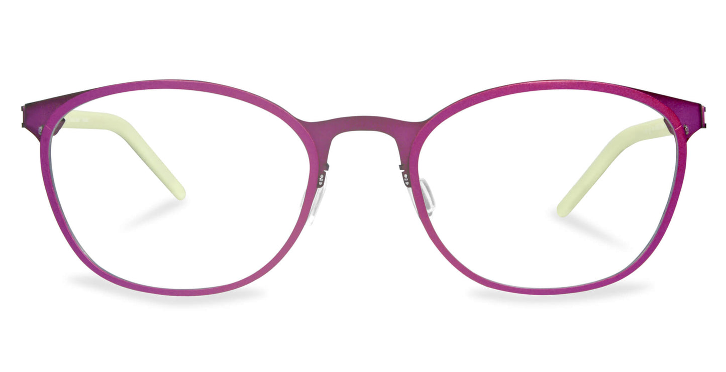 Free Form Eyewear™ Titanium 14g feather-light eyeglasses in vibrant magenta with green temple tips. Luxury German design, full frame, unisex style.
