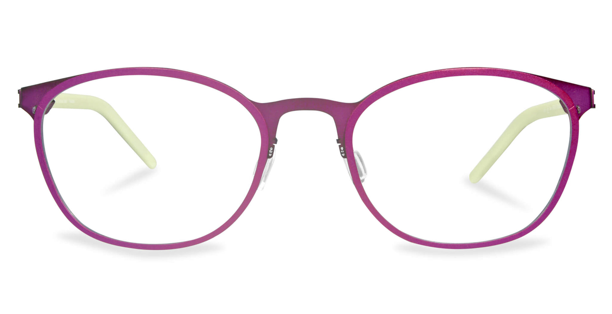 Free Form Eyewear™ Titanium 14g feather-light eyeglasses in vibrant magenta with green temple tips. Luxury German design, full frame, unisex style.
