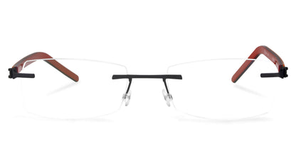Free Form Eyewear™ FFA964 rimless titanium glasses with green frame and red temples, ultra-light 14g German design for men and women. Luxury screwless hinge eyeglasses ideal for strong prescriptions and all-day comfort.