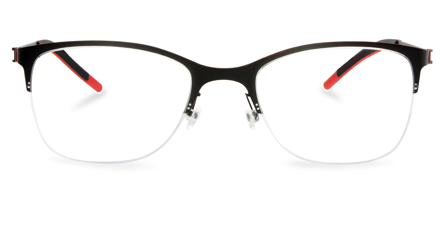 Free Form Eyewear™ Titanium 14g FFA914 half-frame glasses in black with red temple tips. Lightweight luxury German design for men and women.