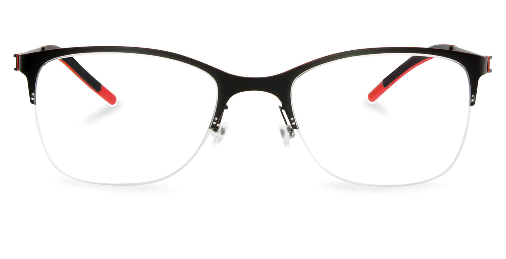 Free Form Eyewear™ Titanium 14g FFA914 half-frame glasses in black with red temple tips. Lightweight luxury German design for men and women.