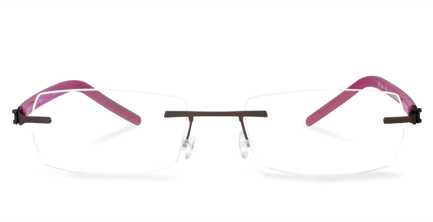 Free Form Eyewear™ Titanium 14g rimless eyeglasses with green-tinted temples and screwless hinge design. Ultra-lightweight luxury German design for men and women.