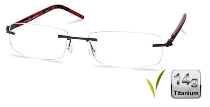 Free Form Eyewear™ FFA965 rimless titanium glasses with red temples and ultra-light 14g frame. Luxury German design for men and women, ideal for blue light protection.