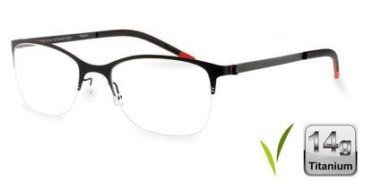Free Form Eyewear™ Model FFA914 half-frame green titanium glasses with red temple tips, 14g lightweight German design for men and women. Ideal for blue light protection and strong prescriptions.