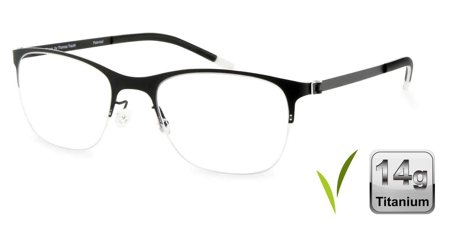 Free Form Eyewear™ FFA918 half-frame titanium glasses in green with feather-light 14g design. Luxury German-engineered unisex eyeglasses for vision care.