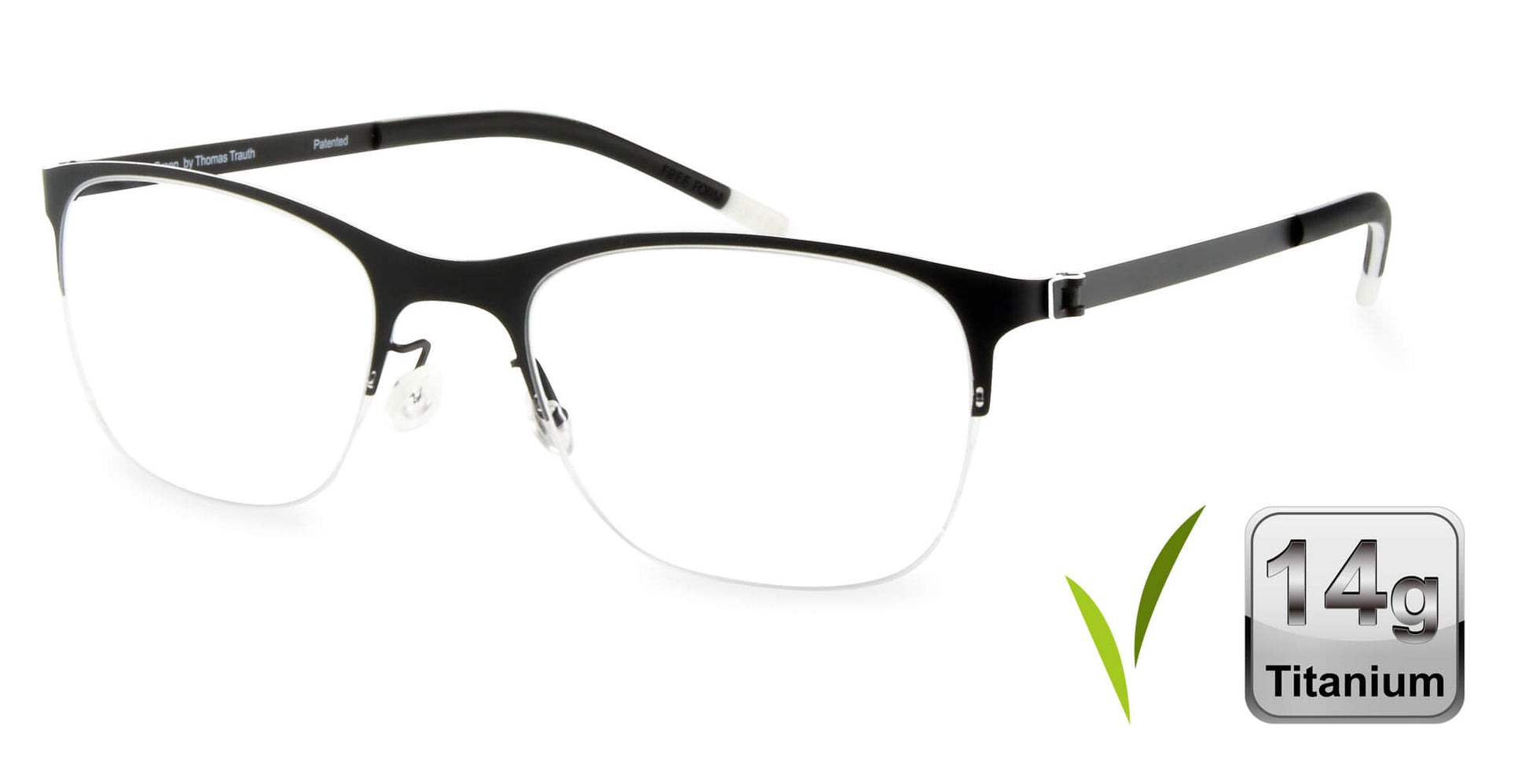 Free Form Eyewear™ FFA918 half-frame titanium glasses in green with feather-light 14g design. Luxury German-engineered unisex eyeglasses for vision care.