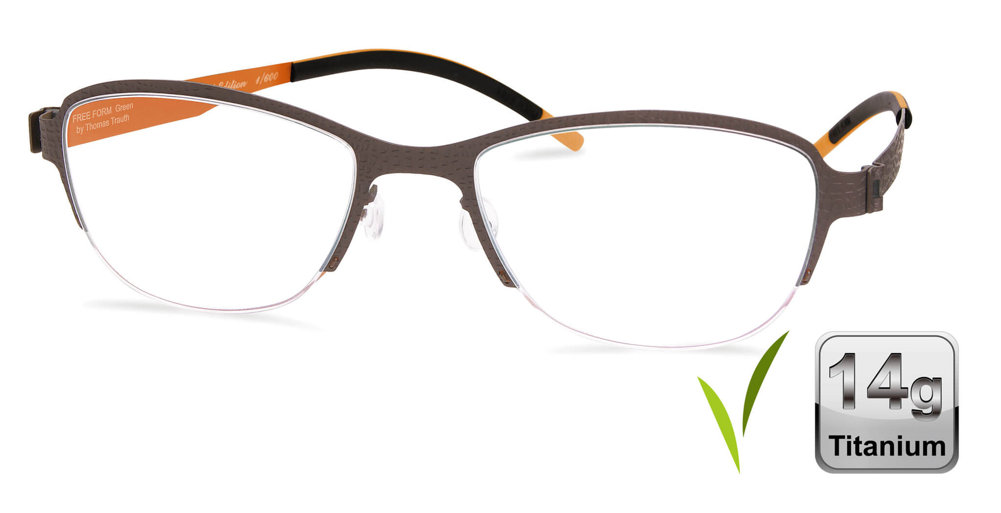 Free Form Eyewear™ FFA938 green titanium half-frame glasses with 14g ultra-lightweight design and screwless hinges for men and women. Luxury German-engineered eyeglasses ideal for blue light protection and strong prescriptions.