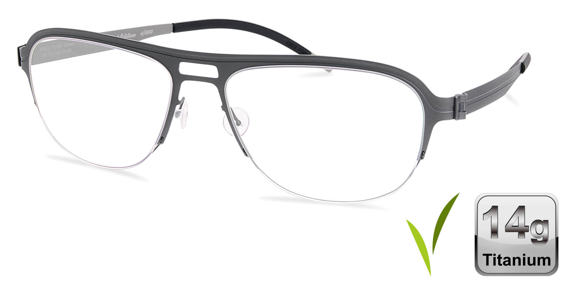 Free Form Eyewear™ Model FFA934 green half-frame eyeglasses in 14g titanium with screwless hinges. Luxury German design for men and women.