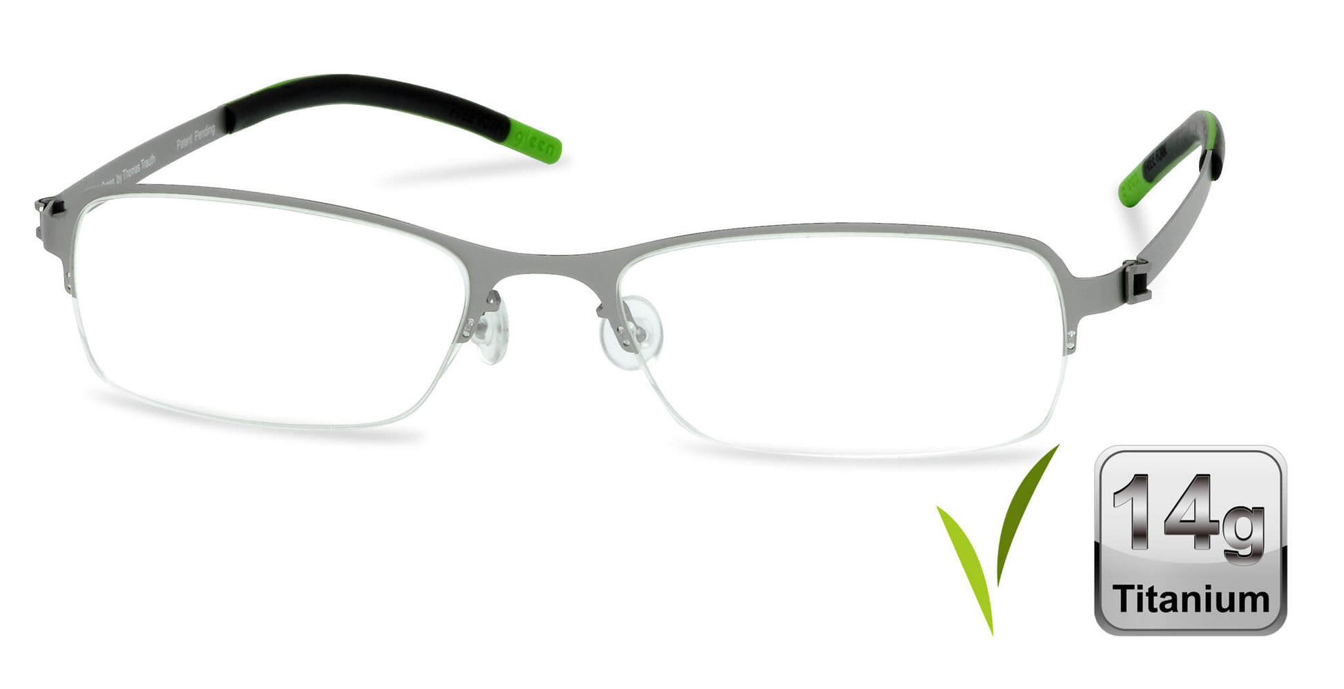 Free Form Eyewear™ Titanium 14g feather-light green half-frame eyeglasses with screwless hinges, luxury German design for men and women. Lightweight titanium glasses ideal for blue light protection and strong prescriptions.