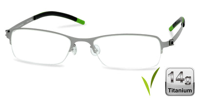 Free Form Eyewear™ Titanium 14g feather-light green half-frame eyeglasses with screwless hinges, luxury German design for men and women. Lightweight titanium glasses ideal for blue light protection and strong prescriptions.
