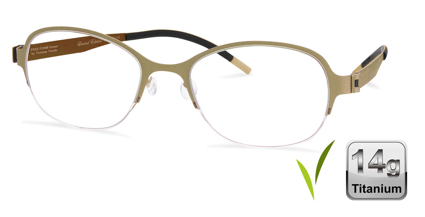 Free Form Eyewear™ FFA937 green half-frame eyeglasses in 14g titanium with screwless hinges. Lightweight luxury German design for men and women.