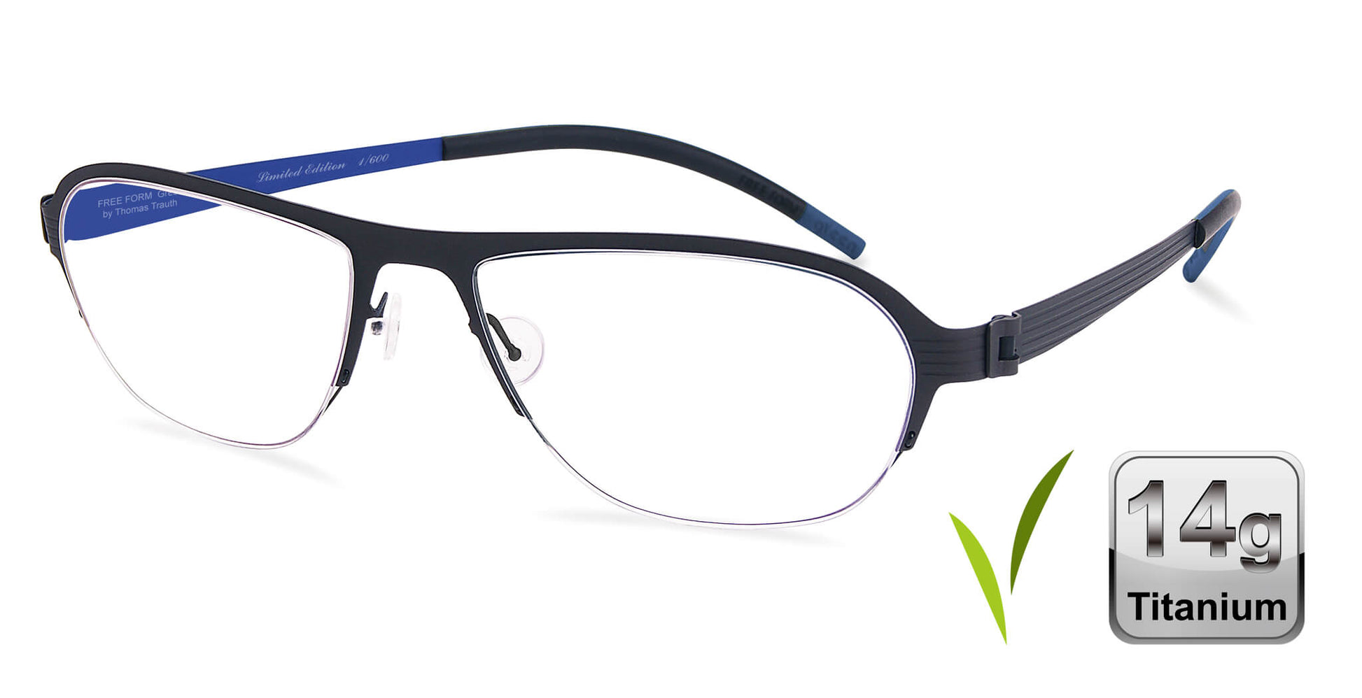 Free Form Eyewear™ Model FFA931 green titanium half-frame glasses with blue temples, 14g lightweight luxury German design for men and women.