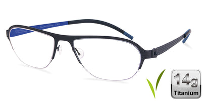 Free Form Eyewear™ Model FFA931 green titanium half-frame glasses with blue temples, 14g lightweight luxury German design for men and women.