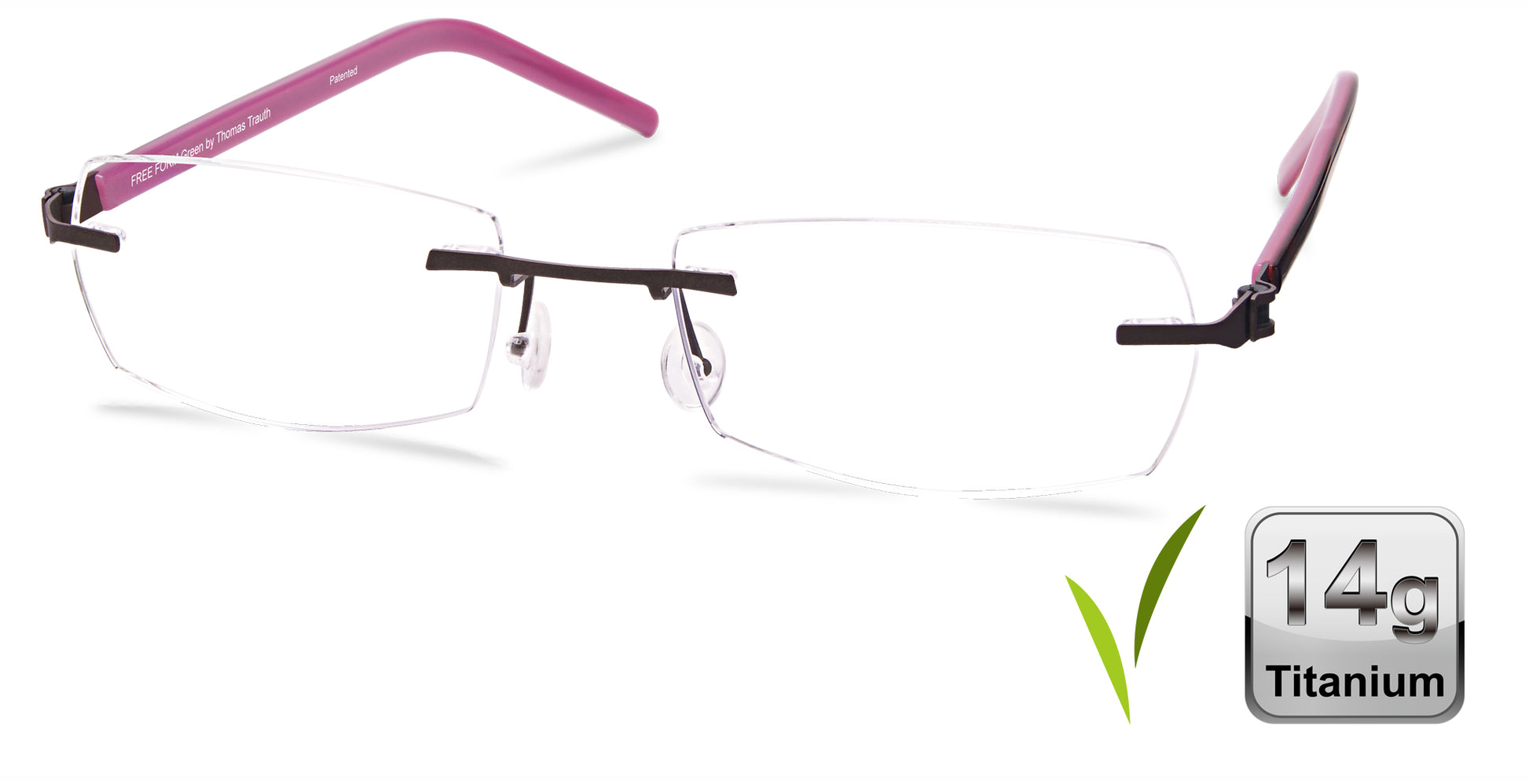 Free Form Eyewear™ Titanium 14g rimless eyeglasses with green checkmark and pink temples, showcasing lightweight German luxury design for men and women.