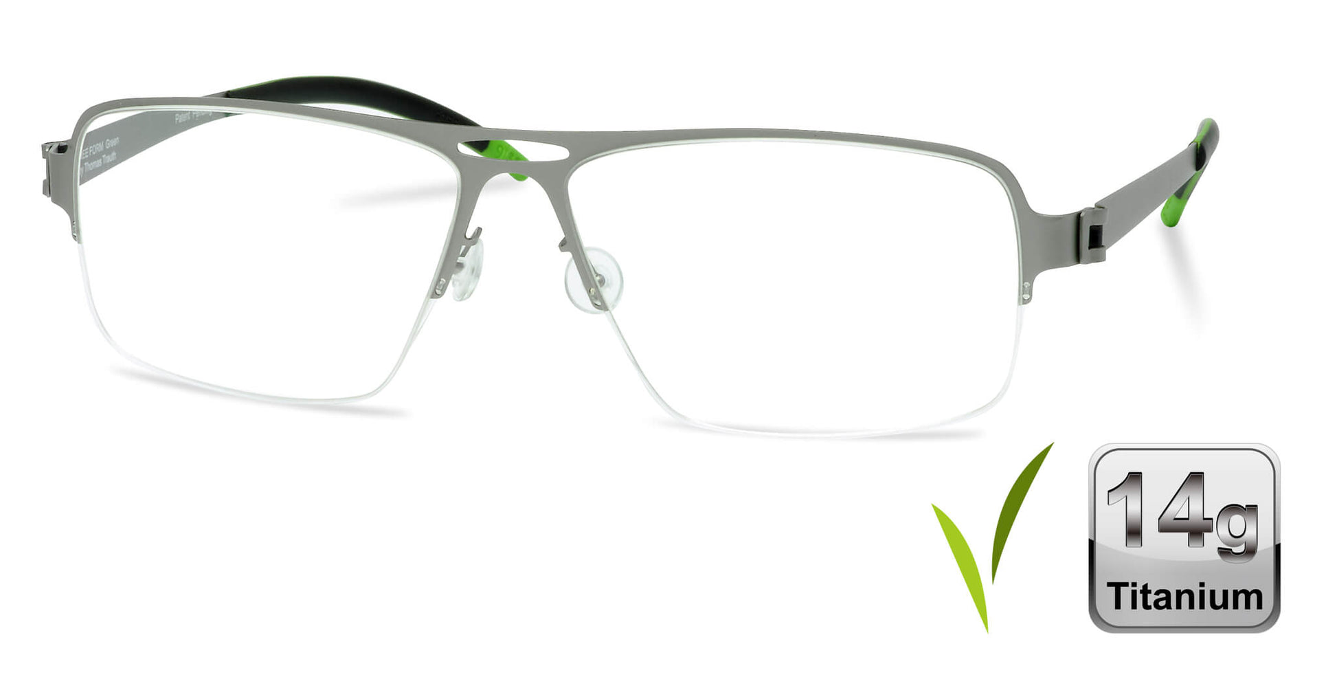 Free Form Eyewear™ FFA912 titanium glasses in green half-frame design, weighing only 14g. Luxury German-engineered lightweight eyeglasses for men and women.