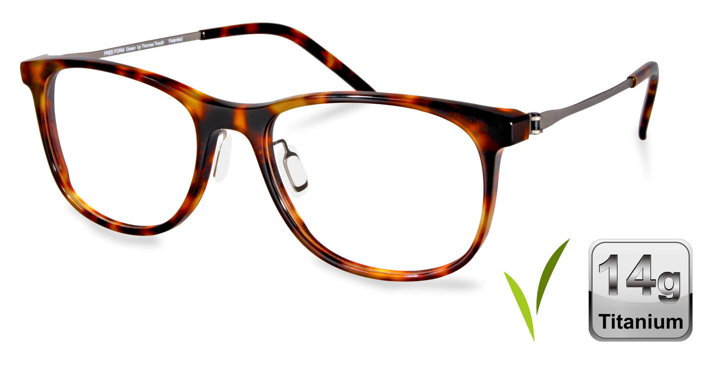 Free Form Eyewear™ Titanium 14g feather-light full frame eyeglasses in shiny tortoise with screwless hinge design. Luxury German design for men and women.