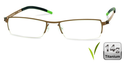 Free Form Eyewear™ FFA910 green half-frame titanium glasses with 14g ultra-lightweight design and screwless hinges for men and women. Luxury German-engineered prescription eyeglasses in brown-green color, ideal for blue light protection and all-day comfort.
