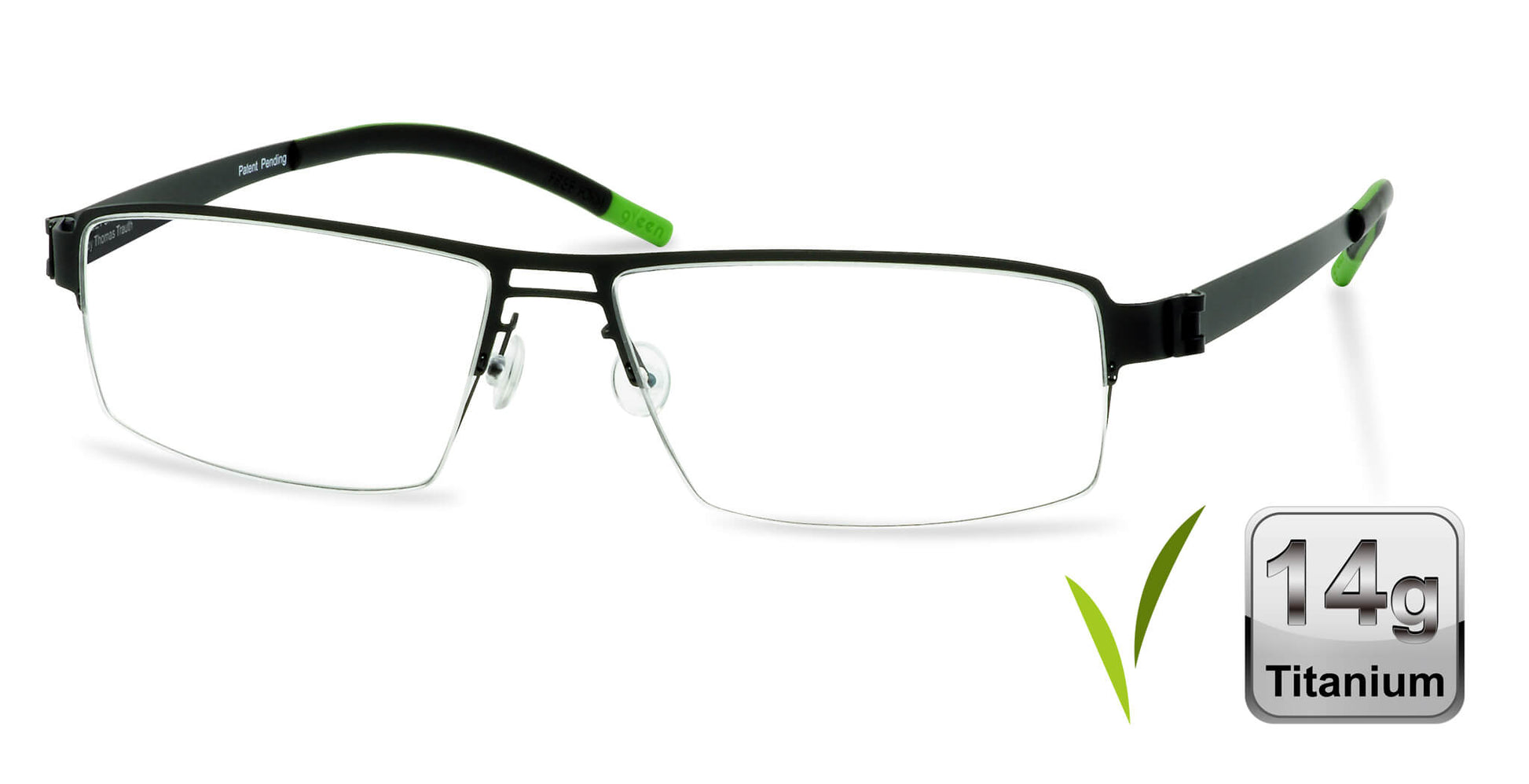 Free Form Eyewear™ FFA903 green titanium half frame glasses with 14g lightweight design and screwless hinges. Luxury German-engineered eyeglasses for men and women.