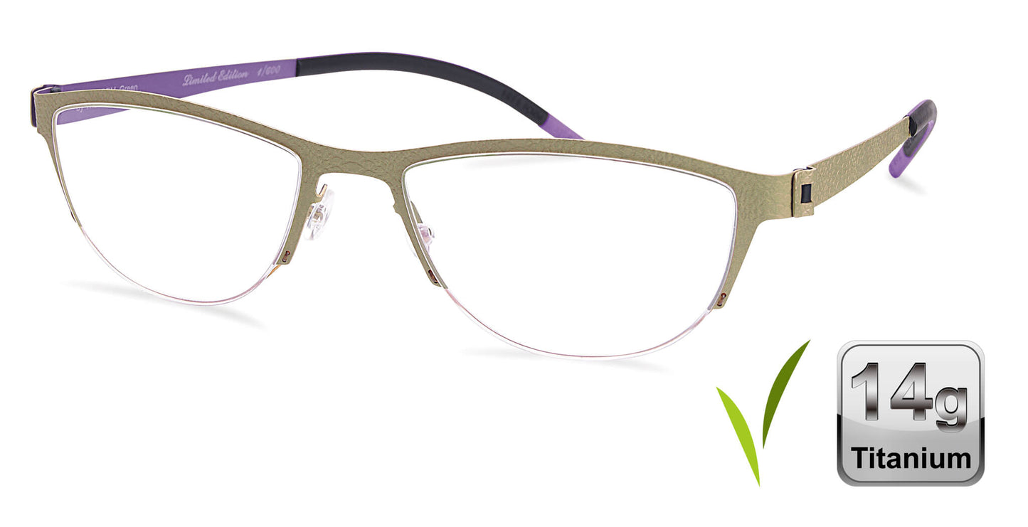 Free Form Eyewear™ Titanium 14g feather-light green half-frame glasses with screwless hinge, luxury German design for men and women. Ideal for blue light protection and strong prescriptions.