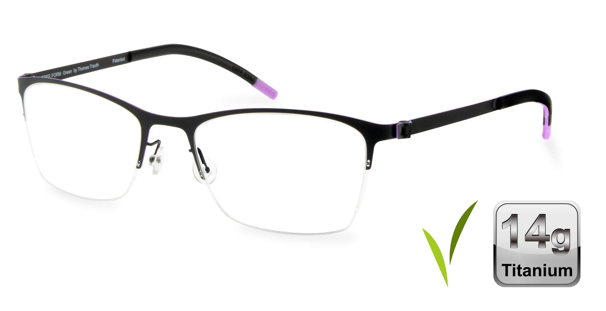 Free Form Eyewear™ FFA917 green half-frame titanium glasses with purple temple tips, 14g ultra-lightweight German design for men and women. Luxury screwless hinge eyeglasses ideal for strong prescriptions and blue light protection.