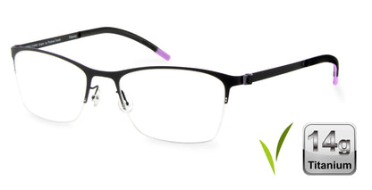 Free Form Eyewear™ FFA917 green half-frame titanium glasses with purple temple tips, 14g ultra-lightweight German design for men and women. Luxury screwless hinge eyeglasses ideal for strong prescriptions and blue light protection.