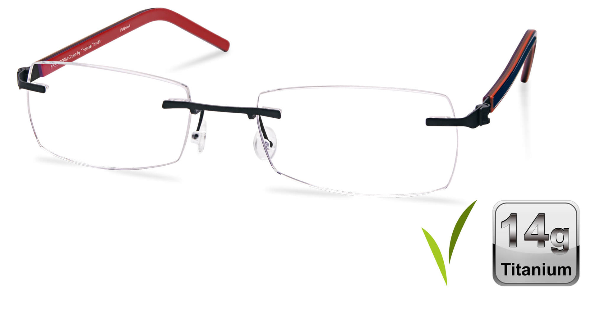 Free Form Eyewear™ FFA964 rimless titanium glasses in green with red temples, ultra-light 14g frame, luxury German design for men and women.
