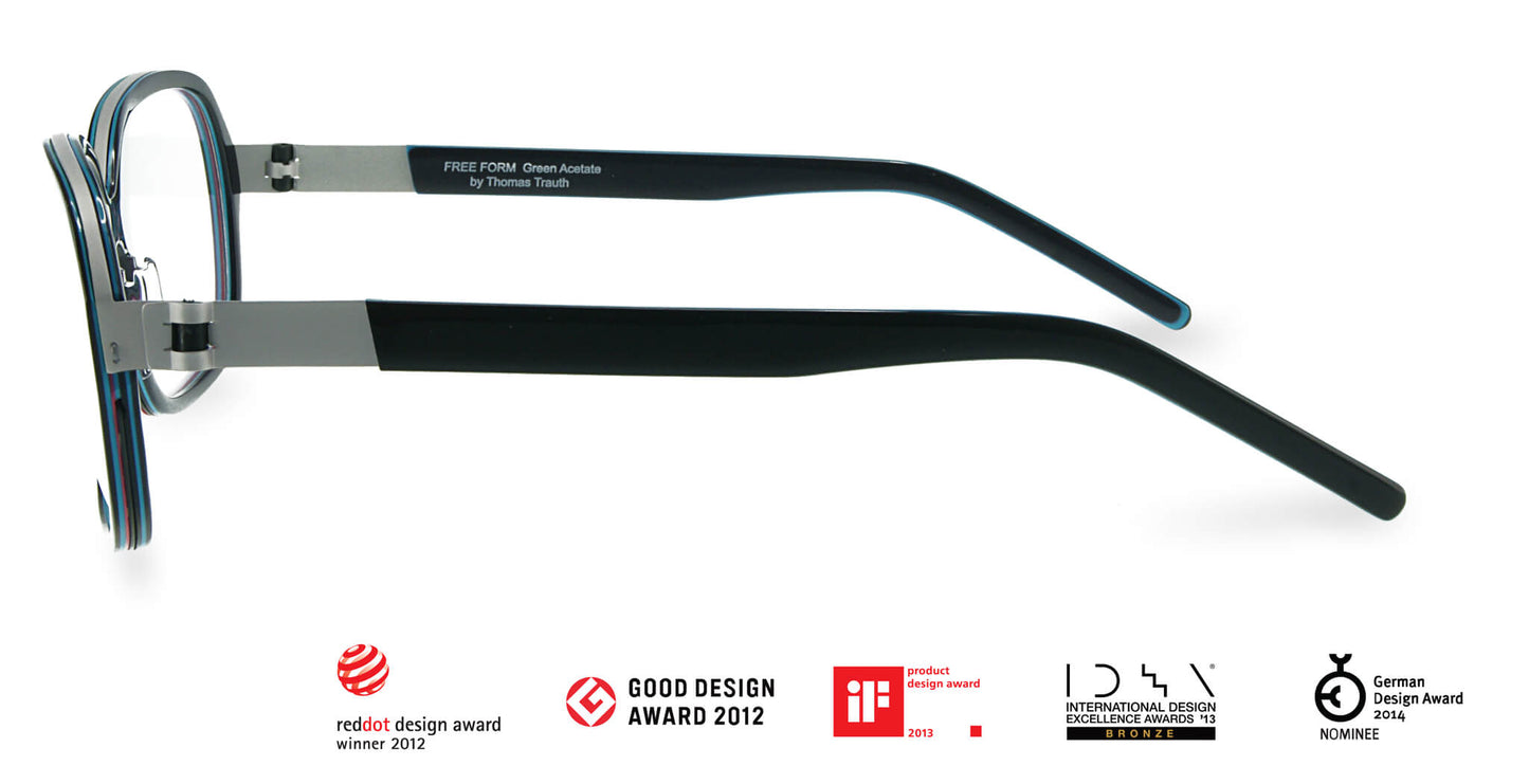 Free Form Eyewear™ Titanium 14g feather-light eyeglasses in green full frame with screwless hinge, luxury German design for men and women. Lightweight prescription-ready titanium glasses ideal for blue light filtering and all-day comfort.