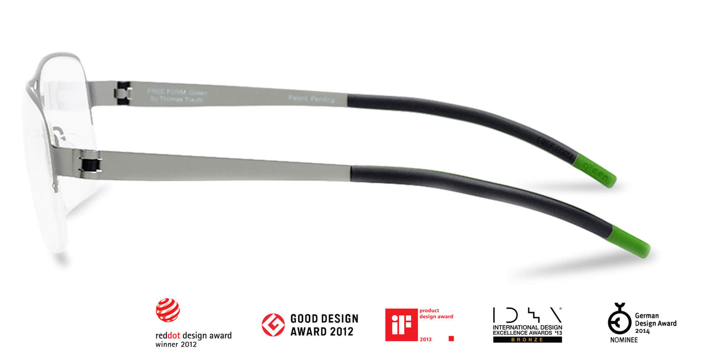 Free Form Eyewear™ Titanium 14g feather-light eyeglasses in green half-frame design with screwless hinges and black temple tips. Luxury German-engineered glasses ideal for men and women seeking lightweight, durable vision care.