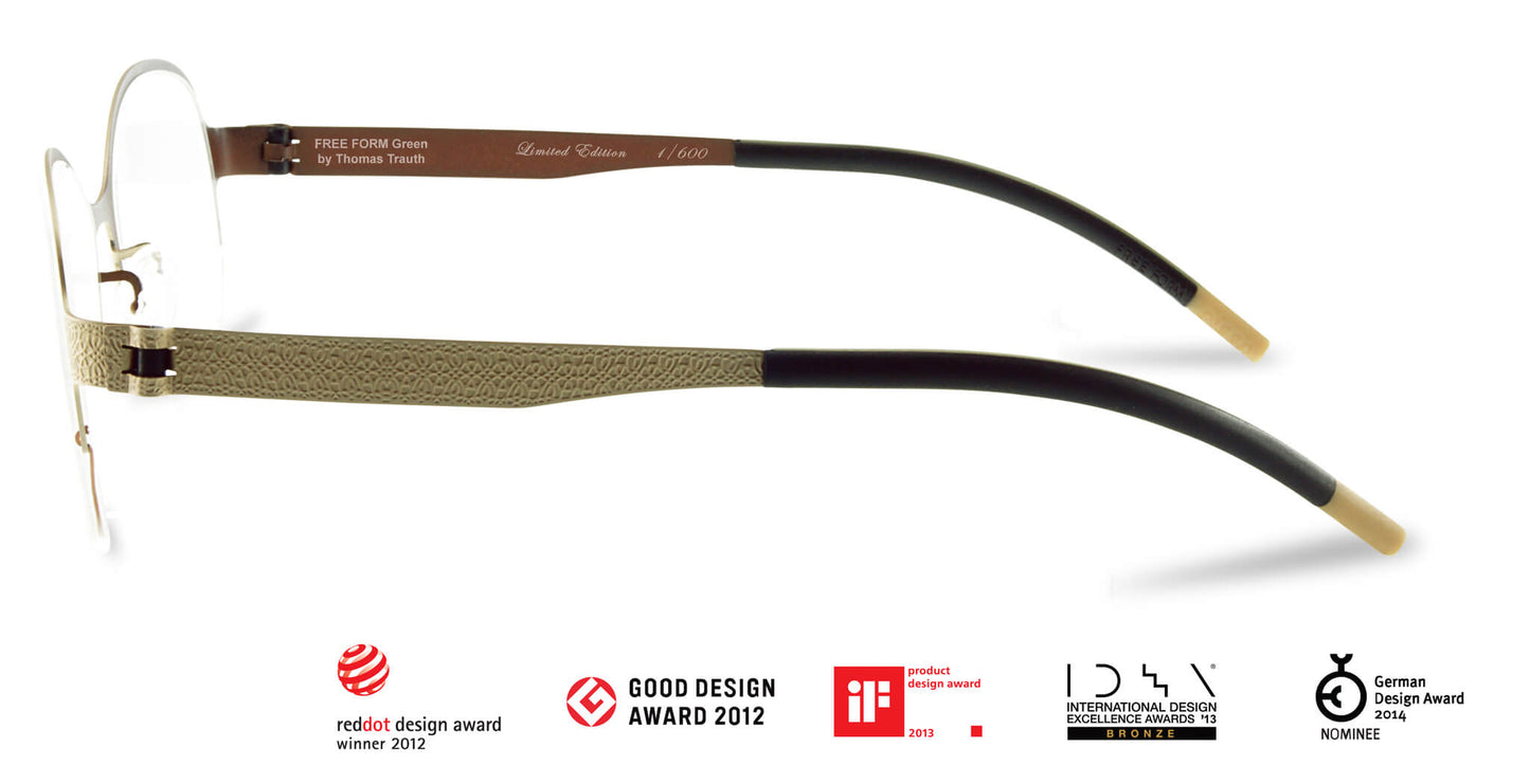 Free Form Eyewear™ Titanium 14g feather-light eyeglasses in green half-frame design with screwless hinge and luxury German craftsmanship.