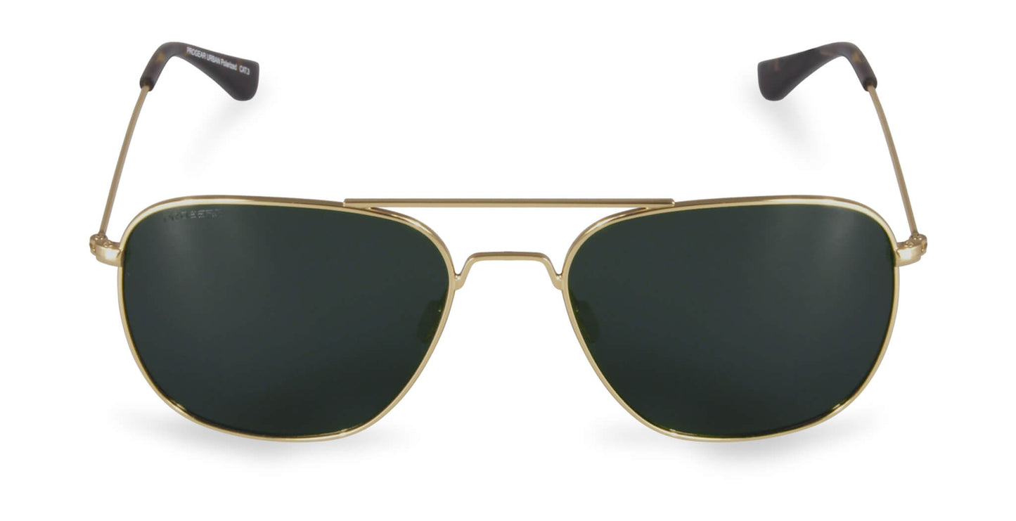 Front view of PROGEAR Urban U-1512 gold prescription sunglasses with dark polarized lenses, perfect for sports and casual wear.