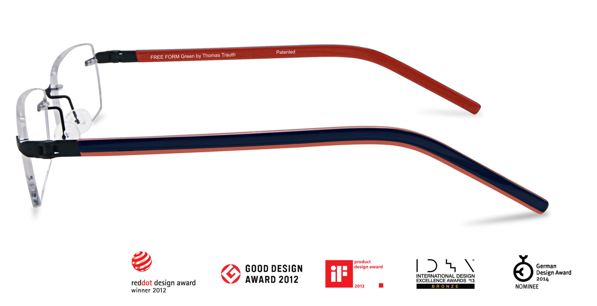 Free Form Eyewear™ Titanium 14g rimless eyeglasses with red and navy temples, luxury German design, ultra-lightweight for men and women.