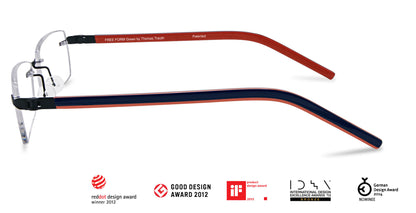 Free Form Eyewear™ Titanium 14g rimless eyeglasses with red and navy temples, luxury German design, ultra-lightweight for men and women.