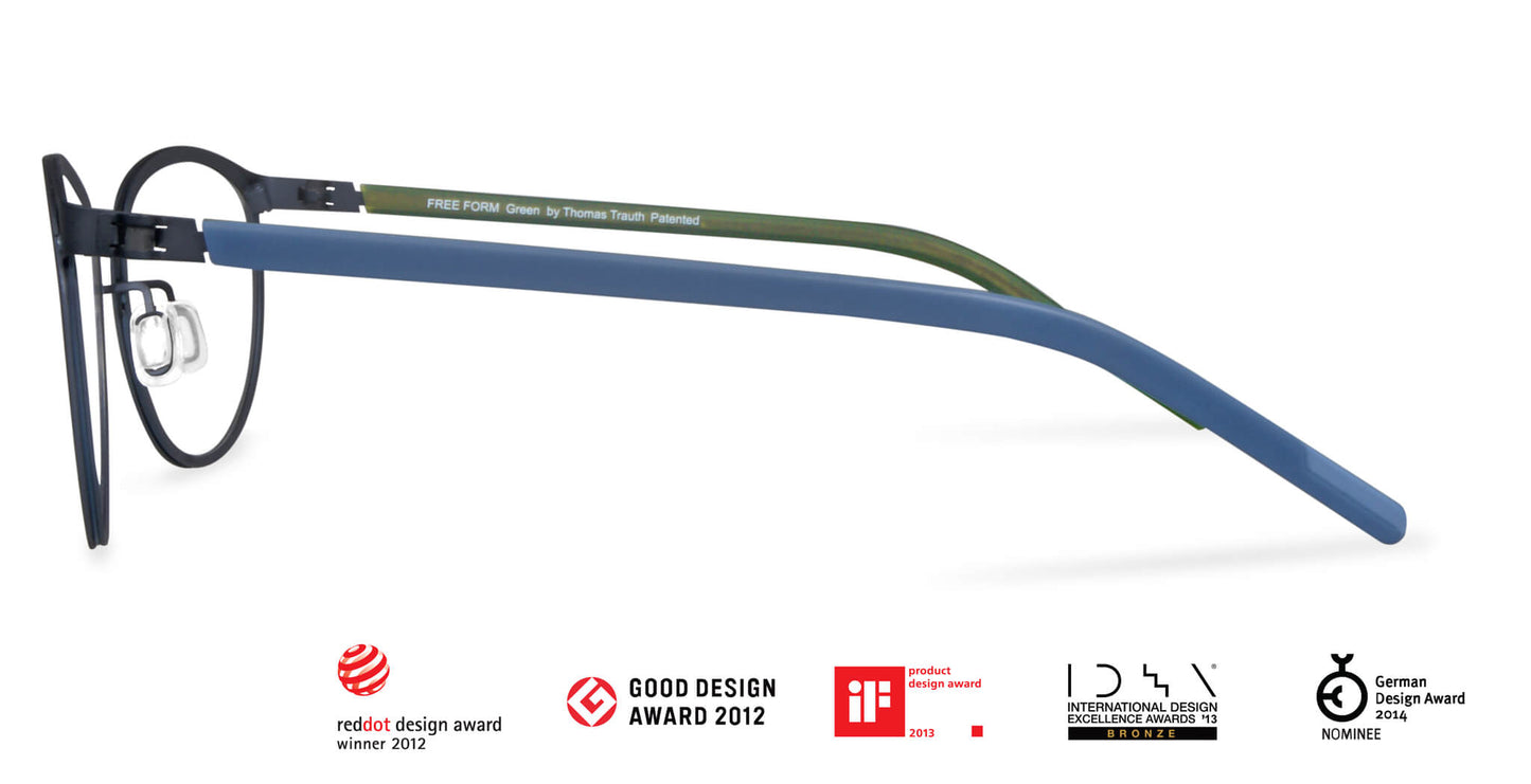Free Form Eyewear™ Titanium 14g feather-light eyeglasses in green and blue full frame with screwless hinge, luxury German design for men and women.