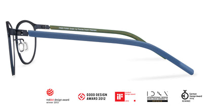 Free Form Eyewear™ Titanium 14g feather-light eyeglasses in green and blue full frame with screwless hinge, luxury German design for men and women.