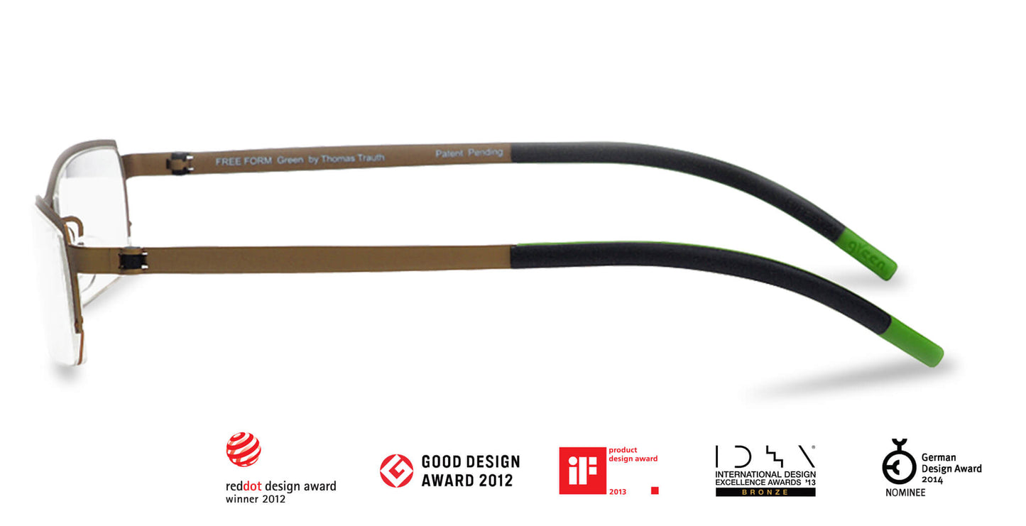 Free Form Eyewear™ Titanium 14g feather-light eyeglasses in green half-frame design with screwless hinge. Luxury German design for men and women.