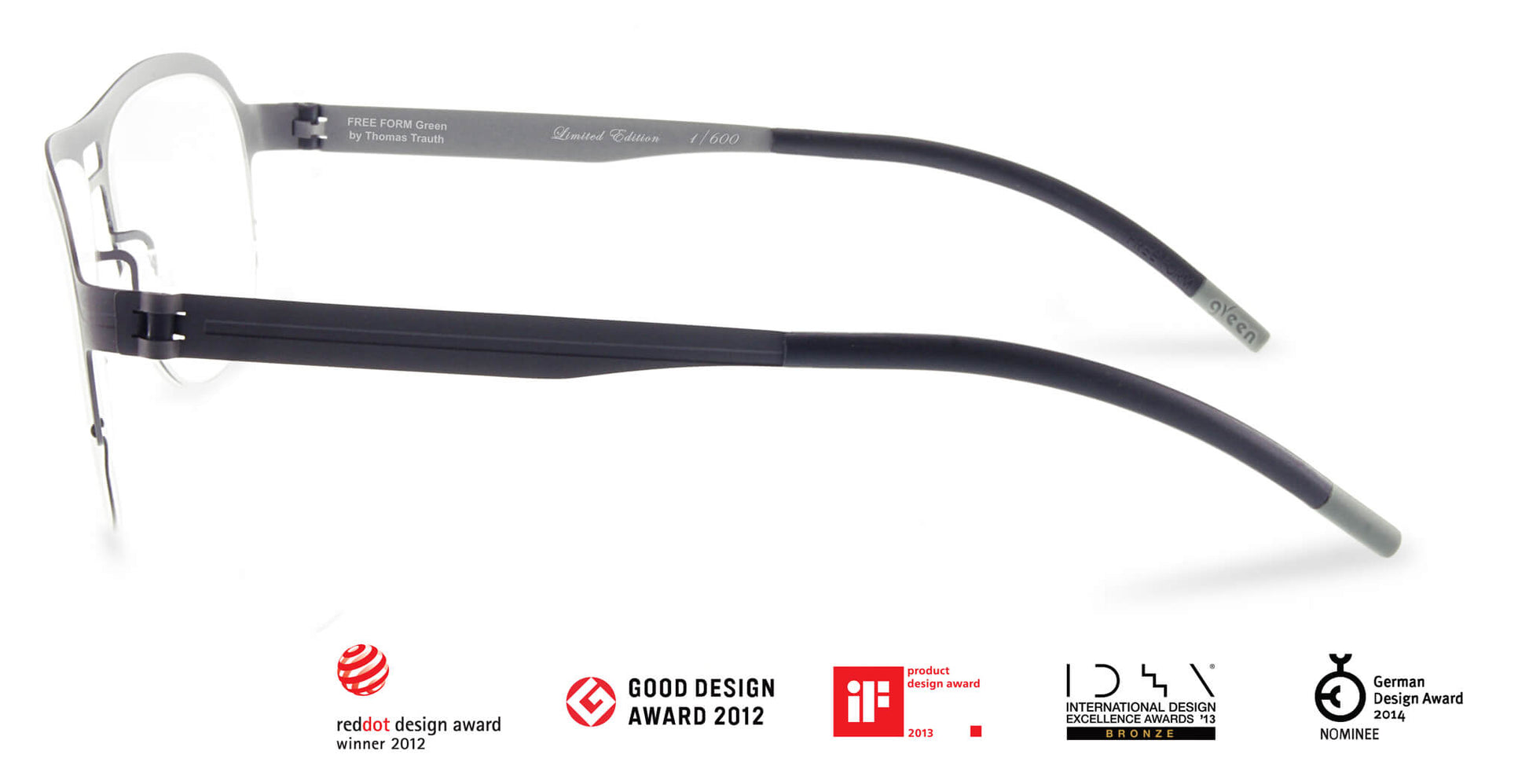 Free Form Eyewear™ Titanium 14g feather-light eyeglasses in green half-frame design with screwless hinge, luxury German engineering. Ideal for men and women seeking lightweight, durable prescription glasses.