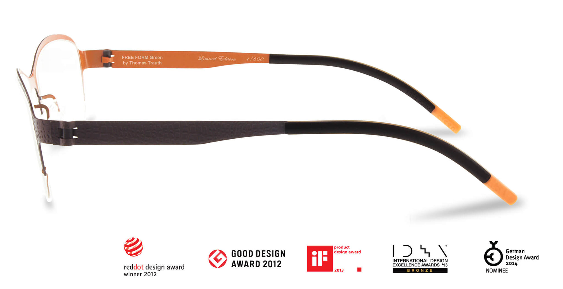 Free Form Eyewear™ Titanium 14g feather-light eyeglasses in green with half frame and screwless hinge, luxury German design for men and women.