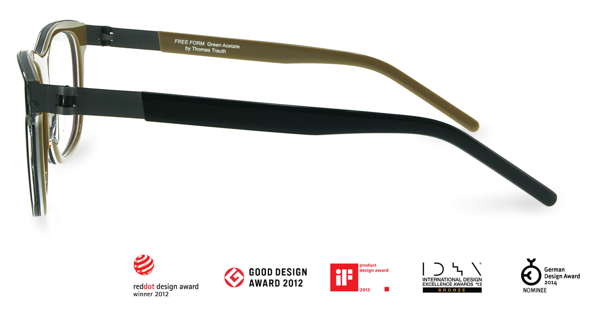 Free Form Eyewear™ Titanium 14g feather-light eyeglasses in green acetate with black and tan temples, luxury German design with screwless hinges.