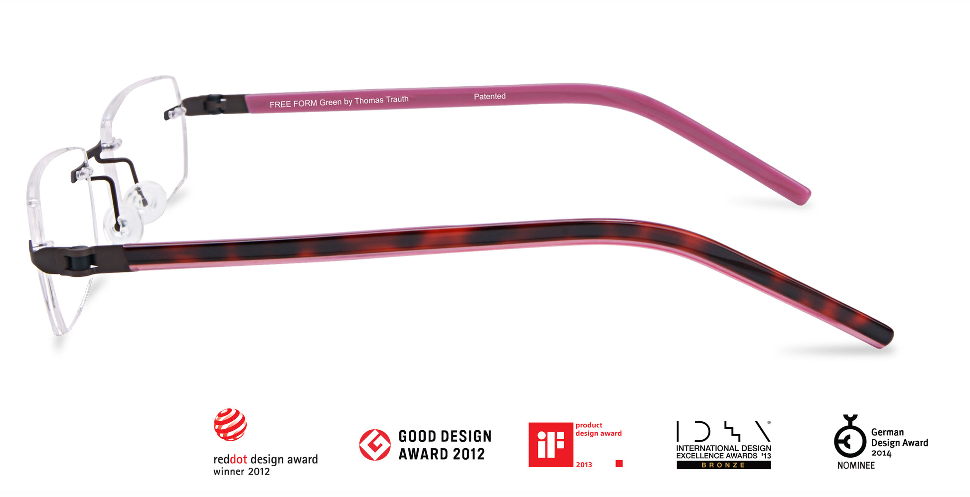 Titanium Glasses GREEN Eyewear Model FFA961 with rimless clear lenses, red tortoiseshell temples, and patented screwless hinge design. Ultra-light 14g German-engineered luxury frame for men and women.