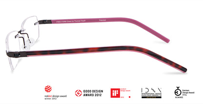 Titanium Glasses GREEN Eyewear Model FFA961 with rimless clear lenses, red tortoiseshell temples, and patented screwless hinge design. Ultra-light 14g German-engineered luxury frame for men and women.