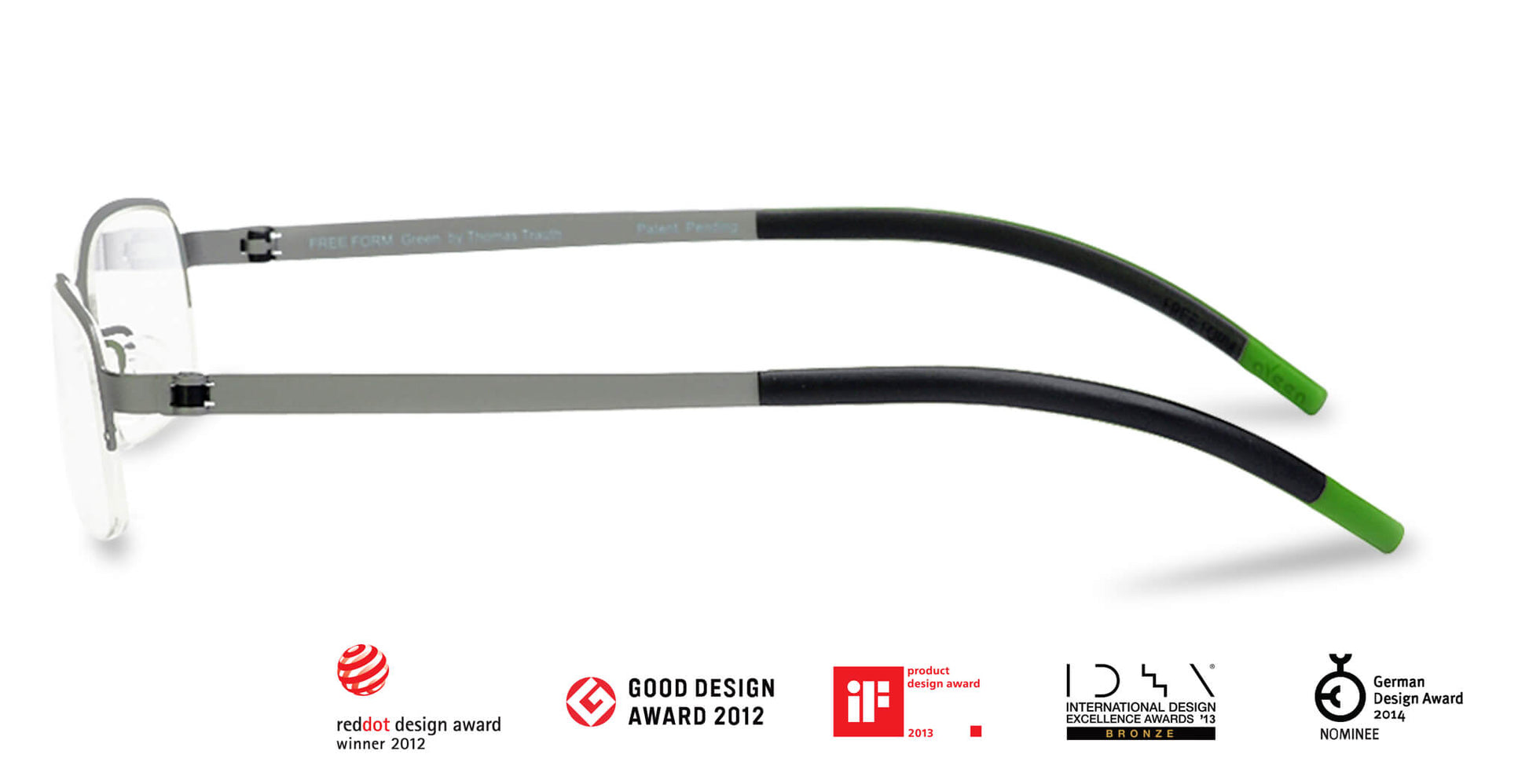 Free Form Eyewear™ Titanium 14g feather-light half frame glasses in green with screwless hinge, luxury German design for men and women. Lightweight titanium eyeglasses ideal for strong prescriptions and all-day comfort.