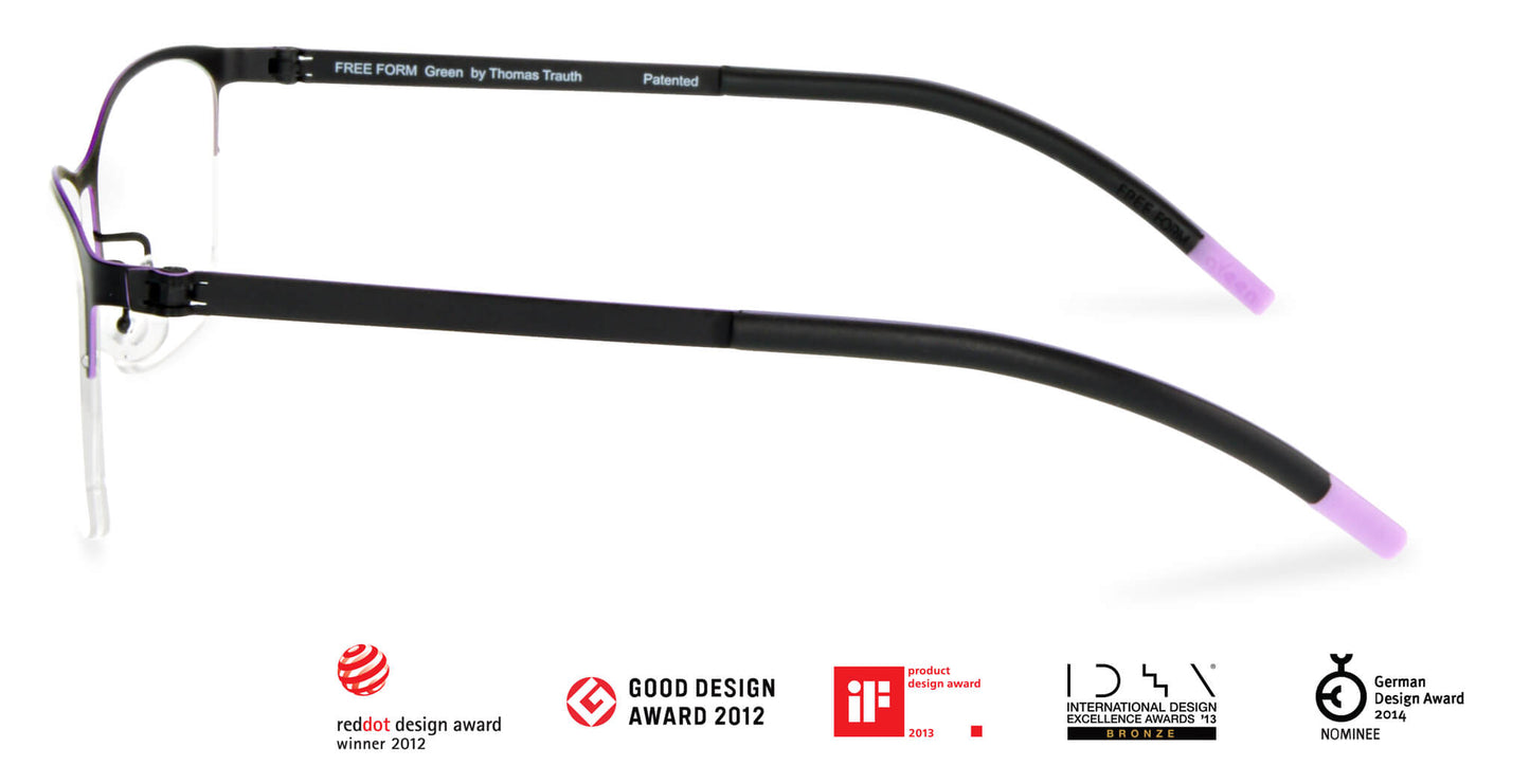 Free Form Eyewear™ Titanium 14g feather-light eyeglasses in green half-frame design with screwless hinges and purple temple tips. Luxury German-engineered unisex glasses ideal for blue light protection and strong prescriptions.